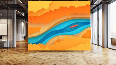 Top view landscape in paper cut style. Eco tourism 3d background with aerial view river autumn trees and kayak boat. Vector card illustration of extreme rafting sport vacation adventure papercut art Wall mural