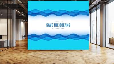 Wavy border in paper cut style. World Oceans Day 8 June cut out from cardboard blue waves. Vector 3d ecological poster cut out from paper. Craft save the sea card. Origami water for your design Wall mural