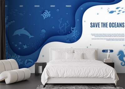 Web page design template in paper cut style underwater ocean underwater view through cave porthole. Coral reef seabed fish in algae waves. Vector paper craft diving World Water Day website concept. Wall mural