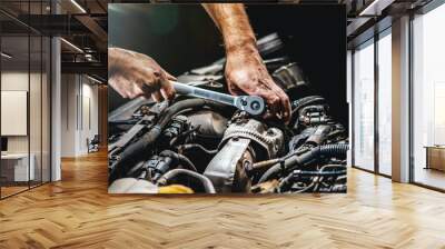 Auto mechanic working in garage. Repair service. Wall mural