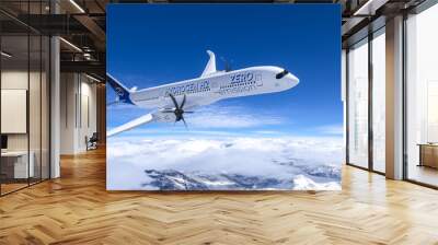 Blue Hydrogen filled H2 Aeroplane flying in the sky - future H2 energy concept. Wall mural