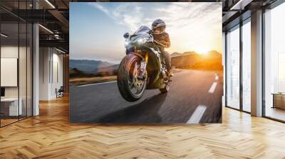 Fast motorbike on the coastal road riding. having fun driving the empty highway on a motorcycle tour journey Wall mural