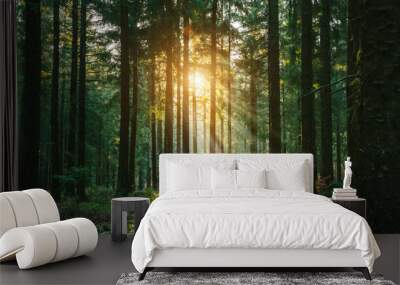 Silent Forest in spring with beautiful bright sun rays Wall mural