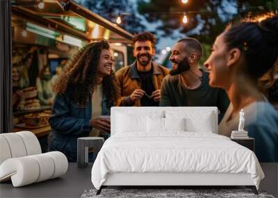 A group of friends happily standing at an outdoor food truck Wall mural