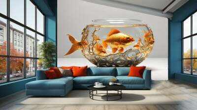 A round glass fishbowl with a gold stand.  Wall mural