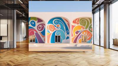 Colorful abstract mural of curved shapes on a white building with blue sky Wall mural