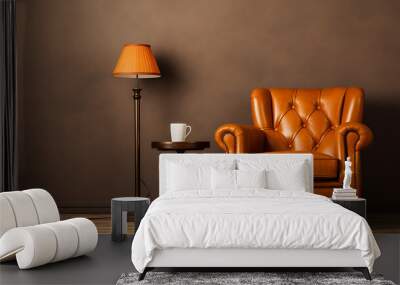 Retro brown leather armchair and a floor lamp with an orange lampshade in a vintage room Wall mural