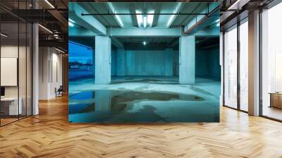 A blue and grey empty concrete garage with a puddle reflecting the light, perfect for urban and industrial design projects. 
 Wall mural