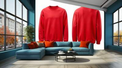 Blank sweatshirt color Red template front and back view on white background. crew neck mock up isolated on white background,. Created using Generative AI Technology Wall mural