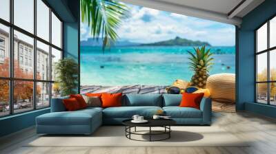 Capture the essence of a laid-back summer lifestyle with caps, sunglasses, and the serene water coastline, all set against a crisp white background. Wall mural