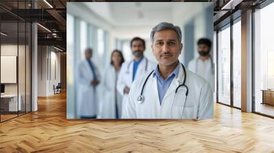 Indian male doctor standing confidently in front of a group of other doctors at a hospital, healthcare teamwork Wall mural