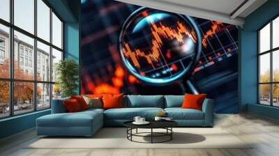 Magnifying glass over a stock market graph on a digital screen, symbolizing detailed analysis of credit ratings, financial performance Wall mural