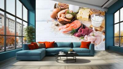 Assortment of healthy protein source and body building food Wall mural