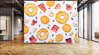 Dried fruits, dehydrated persimmon, watermelon, pineapple, apple chips Wall mural