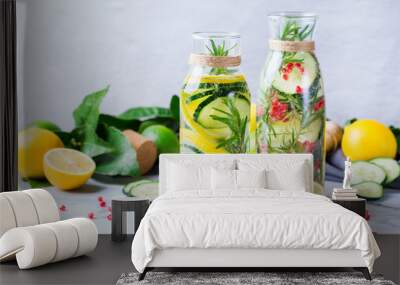 Fresh cool lemon cucumber rosemary infused water detox drink Wall mural