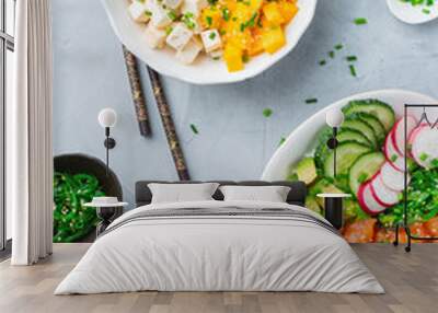 Fresh hawaiian salmon and tofu poke bowl for healthy lunch Wall mural