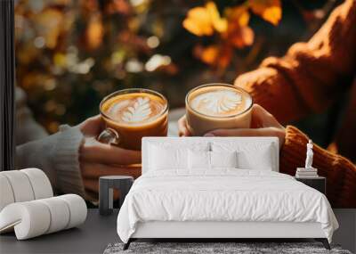 Group of friends having fun and drinking coffee outdoors Wall mural