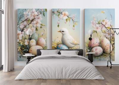 Oil paintings artwork, Easter composition with eggs and blooming branches Wall mural