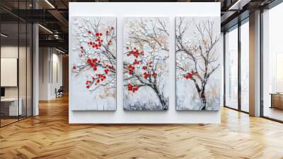 Oil paintings artwork, floral winter scenics triptych, blooming branch Wall mural