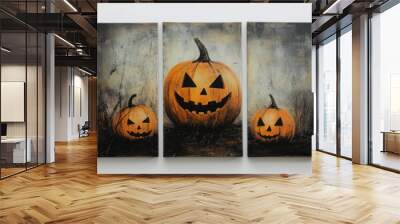 Oil paintings artwork, Halloween landscape with pumpkins Wall mural