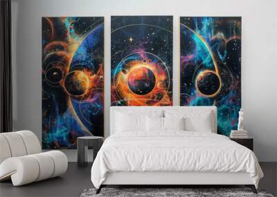 Space astronomy triptych with planets Wall mural