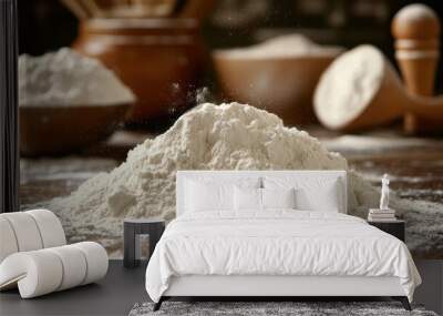 A mound of flour on a wooden surface, surrounded by bowls and kitchen tools for baking. Wall mural