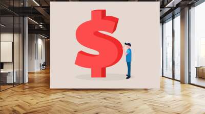 Businessman with magnifying glass looking for dollar. concept of Money check, financial and money saving tips Wall mural