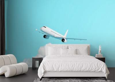 Airplane with cloud on pastel blue background. Travel concept. 3d rendering Wall mural