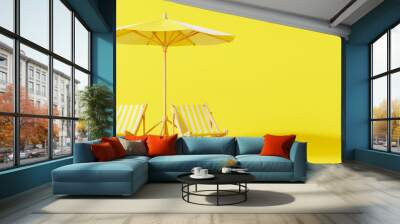 Beach umbrella with beach chairs on yellow background. summer vacation concept. 3d rendering Wall mural