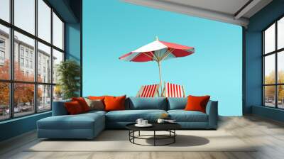 Beach umbrella with chairs and sand on pastel blue background. summer vacation concept. 3d rendering Wall mural