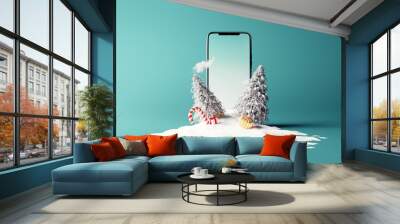 Creative Christmas  scene on smartphone with blue background. 3d rendering Wall mural