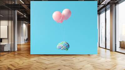 Creative idea, Colorful brain fly on blue background. Minimal concept. 3d rendering Wall mural