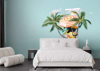 Creative travel elements on smartphone.  Booking ticket online on mobile application. 3d rendering Wall mural