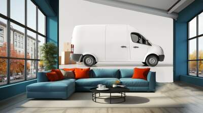 Delivery vans with paper boxes on bright white background. 3d rendering Wall mural