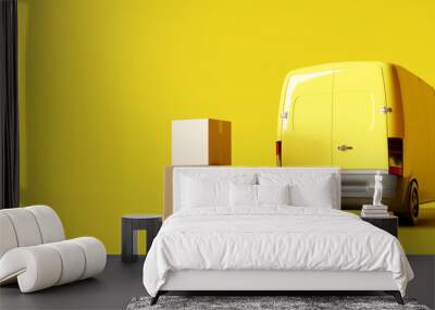 Delivery vans with paper boxes on yellow background. 3d rendering Wall mural