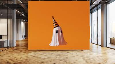 Ghost with Halloween party hat on orange background. 3d rendering Wall mural