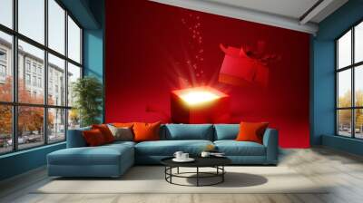 Open gift box with ray of light effect on red background. 3d rendering Wall mural