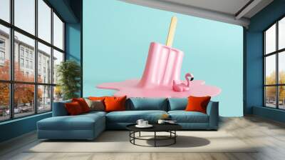 Pink stick ice cream melting with flamingo float on pastel blue background. Creative idea minimal summer concept. 3d rendering Wall mural