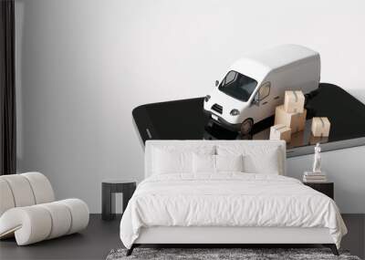 Smartphone with delivery van and boxes on white background. 3d rendering Wall mural