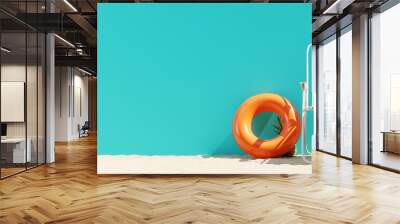 Summer beach concept, chair with ring floating and pineapple on blue background. 3d rendering Wall mural