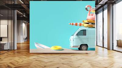 Summer vacation, travel holiday, van and beach accessories on blue  background. 3d rendering	 Wall mural