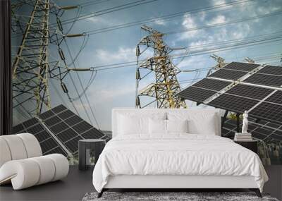 power transmission tower and solar panel in the green Wall mural