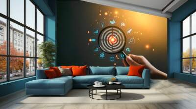 Business growth and marketing target concepts. Holding a magnifying glass with aim bullseye icon and other business icons. Goal objective strategy plan action, Target success, Achievement company Wall mural