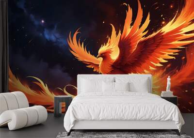 phoenix skyline bird fire fantasy firebird abstract magic 3D eagle animal. Phoenix bird fire tale character illustration render hawk fairy wings graphic feather gold background  red art pheonix Wall mural