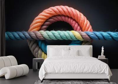 Team rope diverse strength connect partnership together teamwork unity communicate support. Strong diverse network rope team concept integrate braid color background cooperation empower power. Wall mural