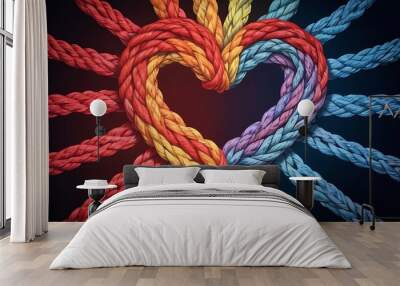 Team rope diverse strength connect partnership together teamwork unity communicate support. Strong diverse network rope team concept integrate braid color background cooperation empower power. Wall mural