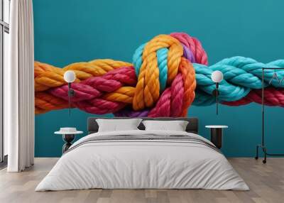 Team rope diverse strength connect partnership together teamwork unity communicate support. Strong diverse network rope team concept integrate braid color background cooperation empower power. Wall mural