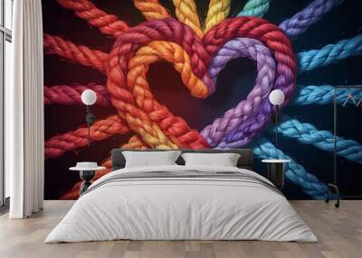 Team rope diverse strength connect partnership together teamwork unity communicate support. Strong diverse network rope team concept integrate braid color background cooperation empower power. Wall mural