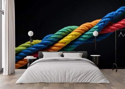 Team rope diverse strength connect partnership together teamwork unity communicate support. Strong diverse network rope team concept integrate braid color background cooperation empower power. Wall mural