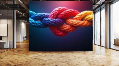 Team rope diverse strength connect partnership together teamwork unity communicate support. Strong diverse network rope team concept integrate braid color background cooperation empower power. Wall mural